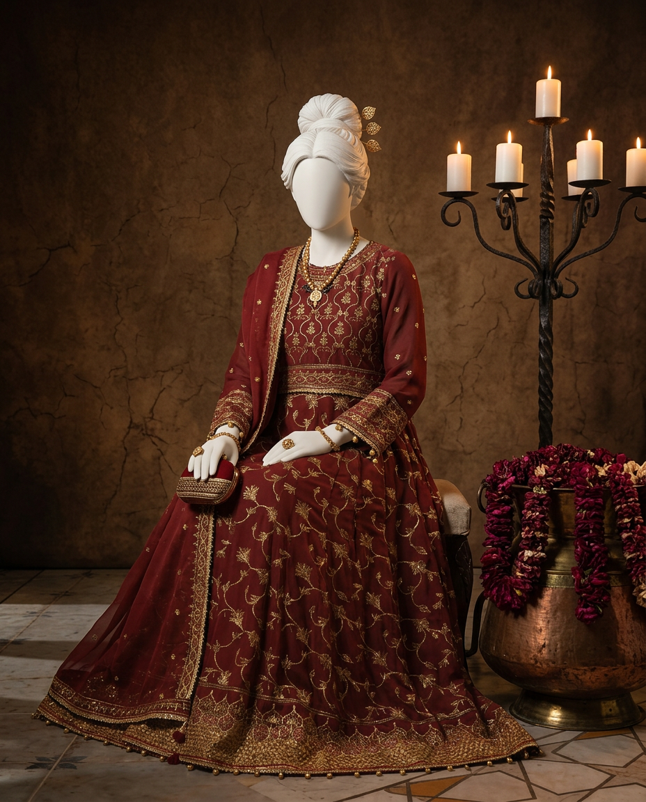 Red Chiffon Embroidered 3Pc Unstitched Suit | PJ-LUX-U-24-0707