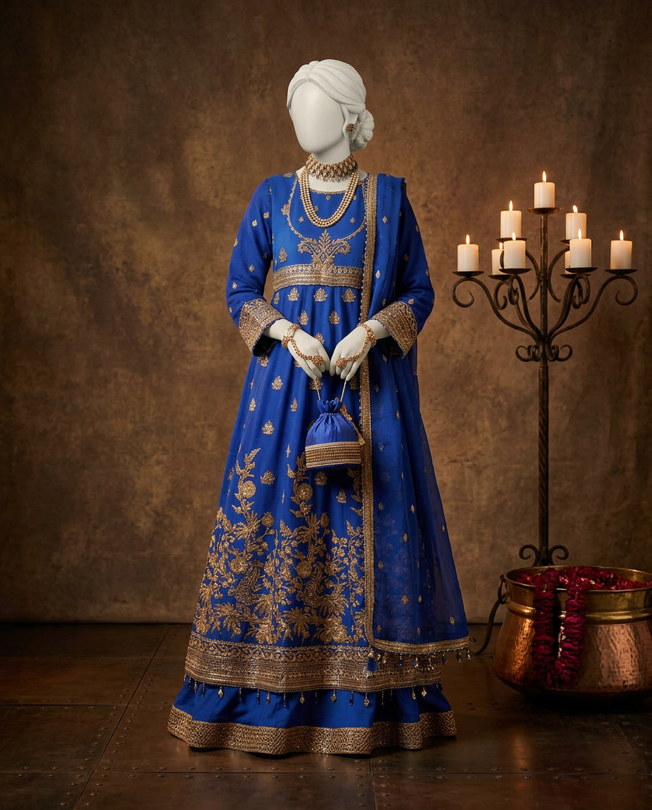 Royal Blue Chiffon Embroidered 3Pc Unstitched Suit | PJ-LUX-U-24-0709