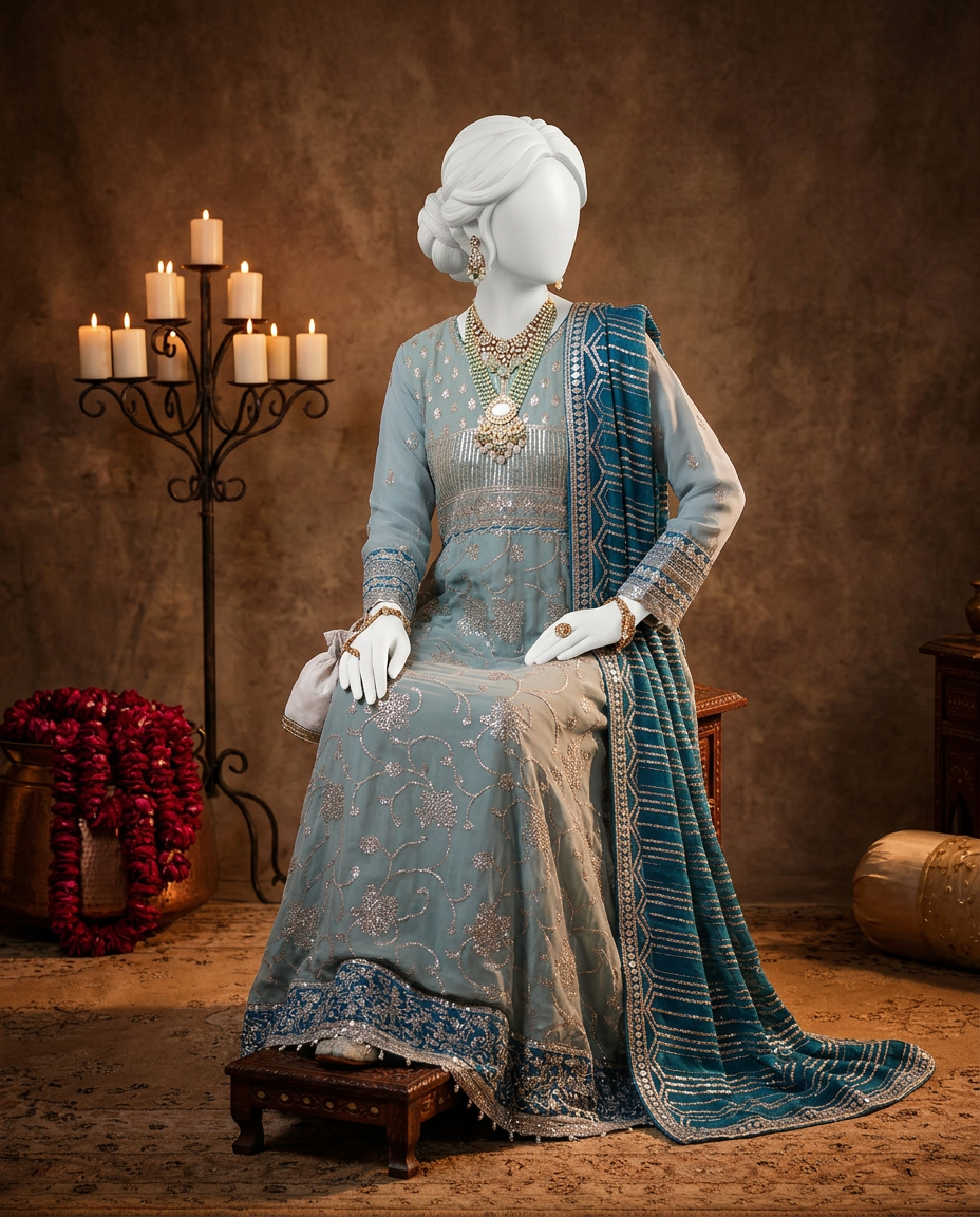 Sea Green Chiffon Embroidered 3Pc Unstitched Suit | PJ-LUX-U-24-0711