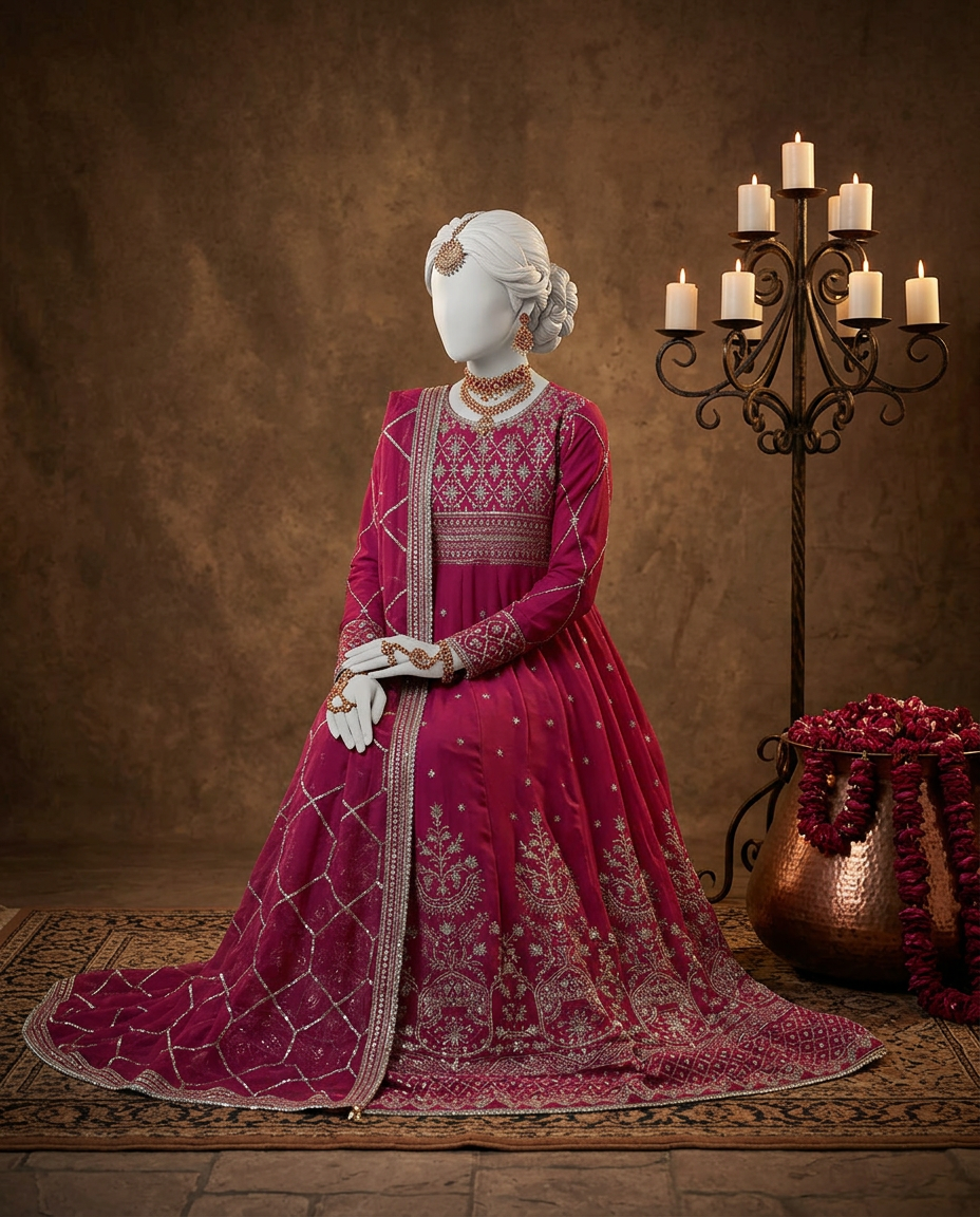 Fuchsia Chiffon Embroidered 3Pc Unstitched Suit | PJ-LUX-U-24-0712