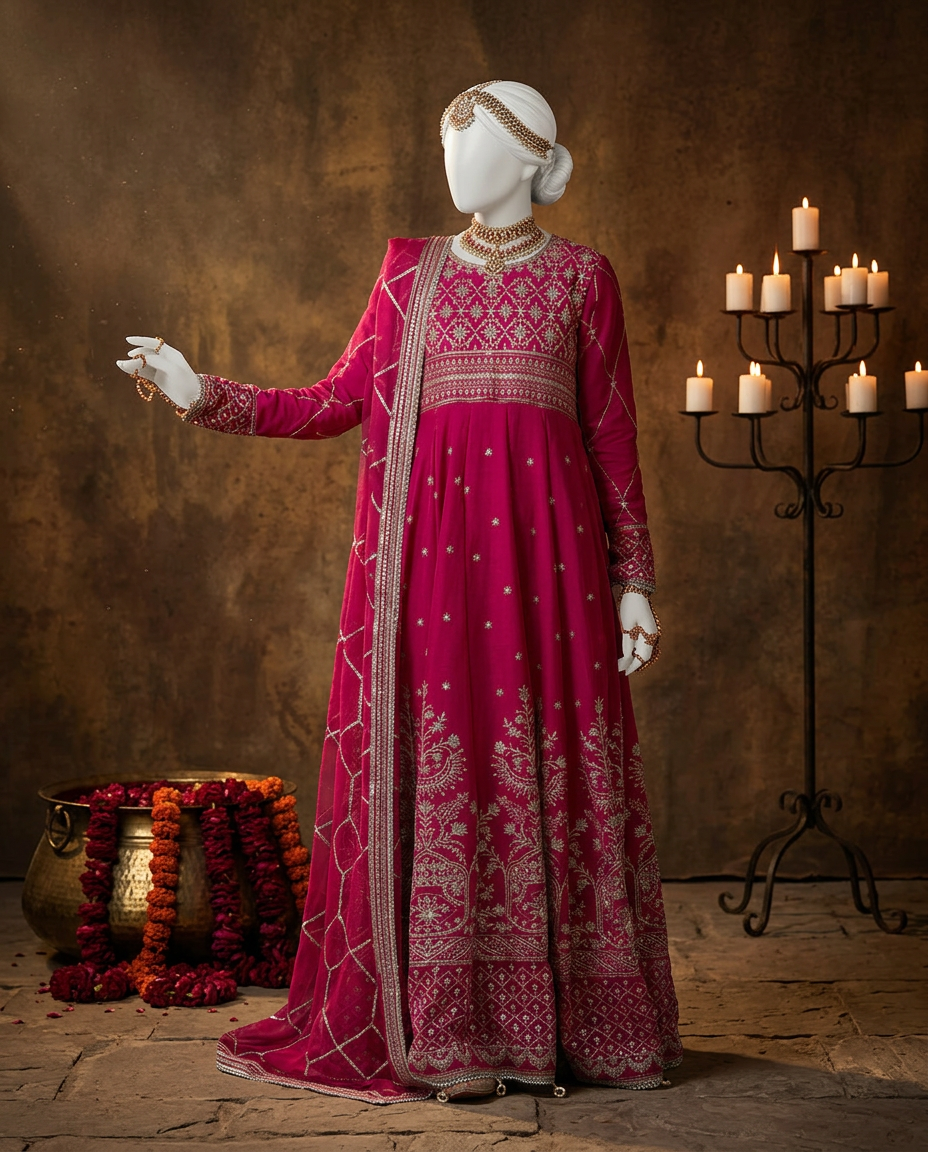 Fuchsia Chiffon Embroidered 3Pc Unstitched Suit | PJ-LUX-U-24-0712