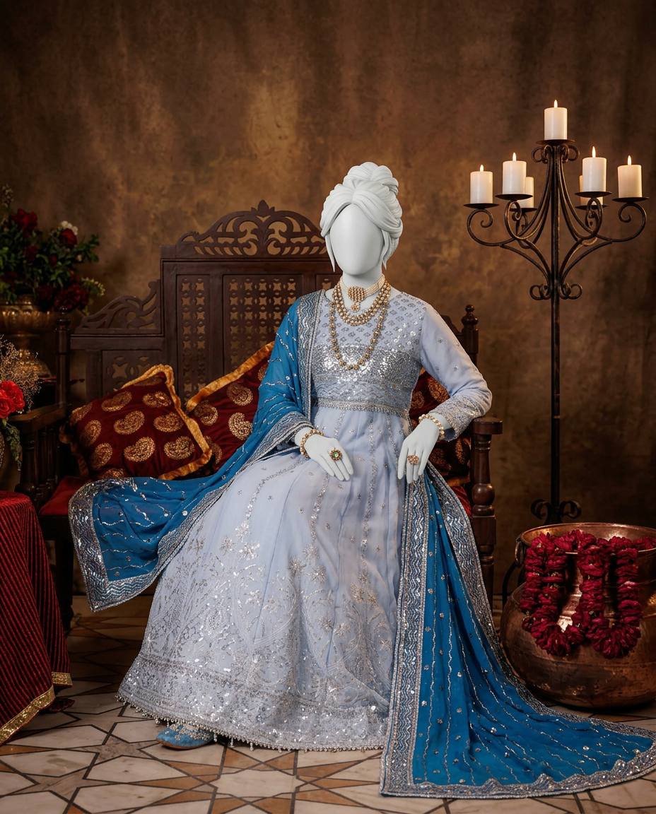 Powder Blue Chiffon Embroidered 3Pc Unstitched Suit | PJ-LUX-U-24-0716
