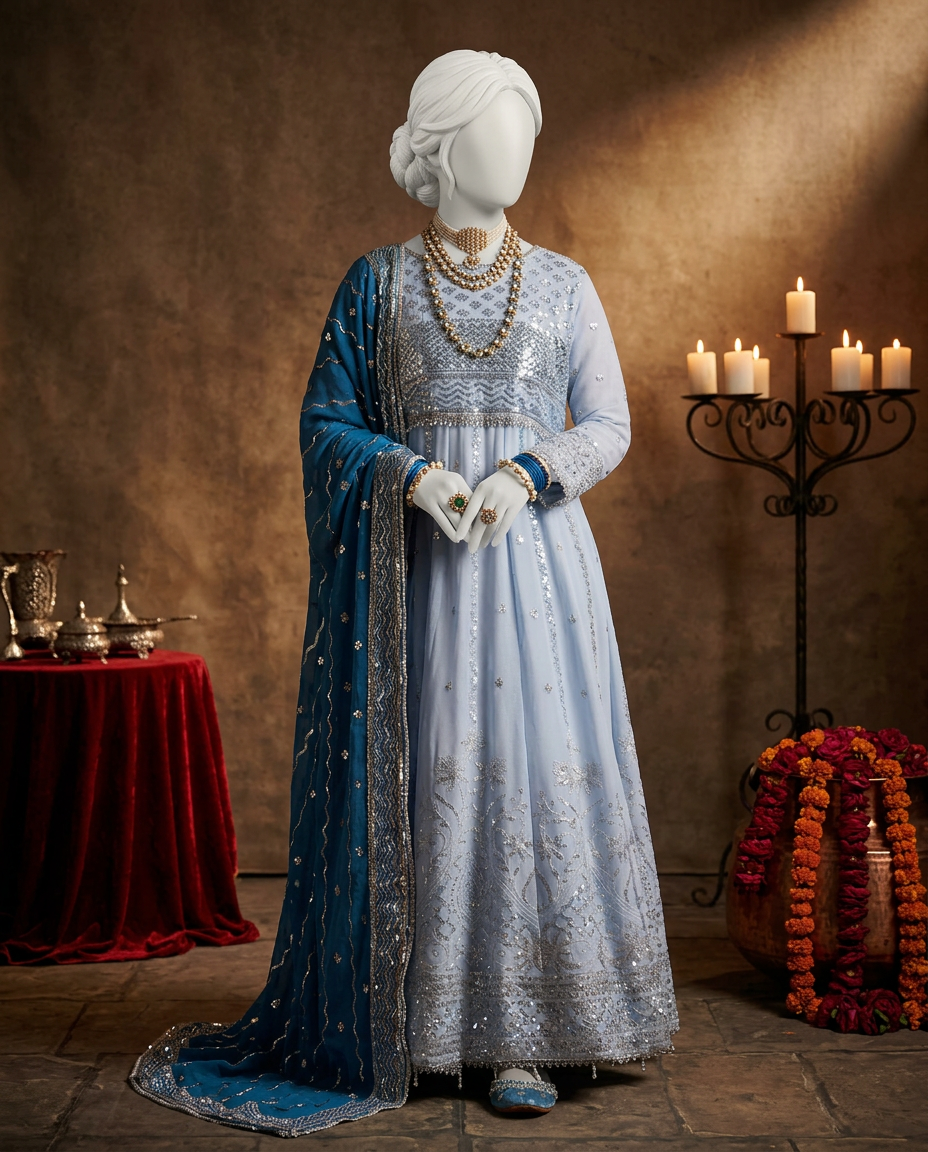 Powder Blue Chiffon Embroidered 3Pc Unstitched Suit | PJ-LUX-U-24-0716
