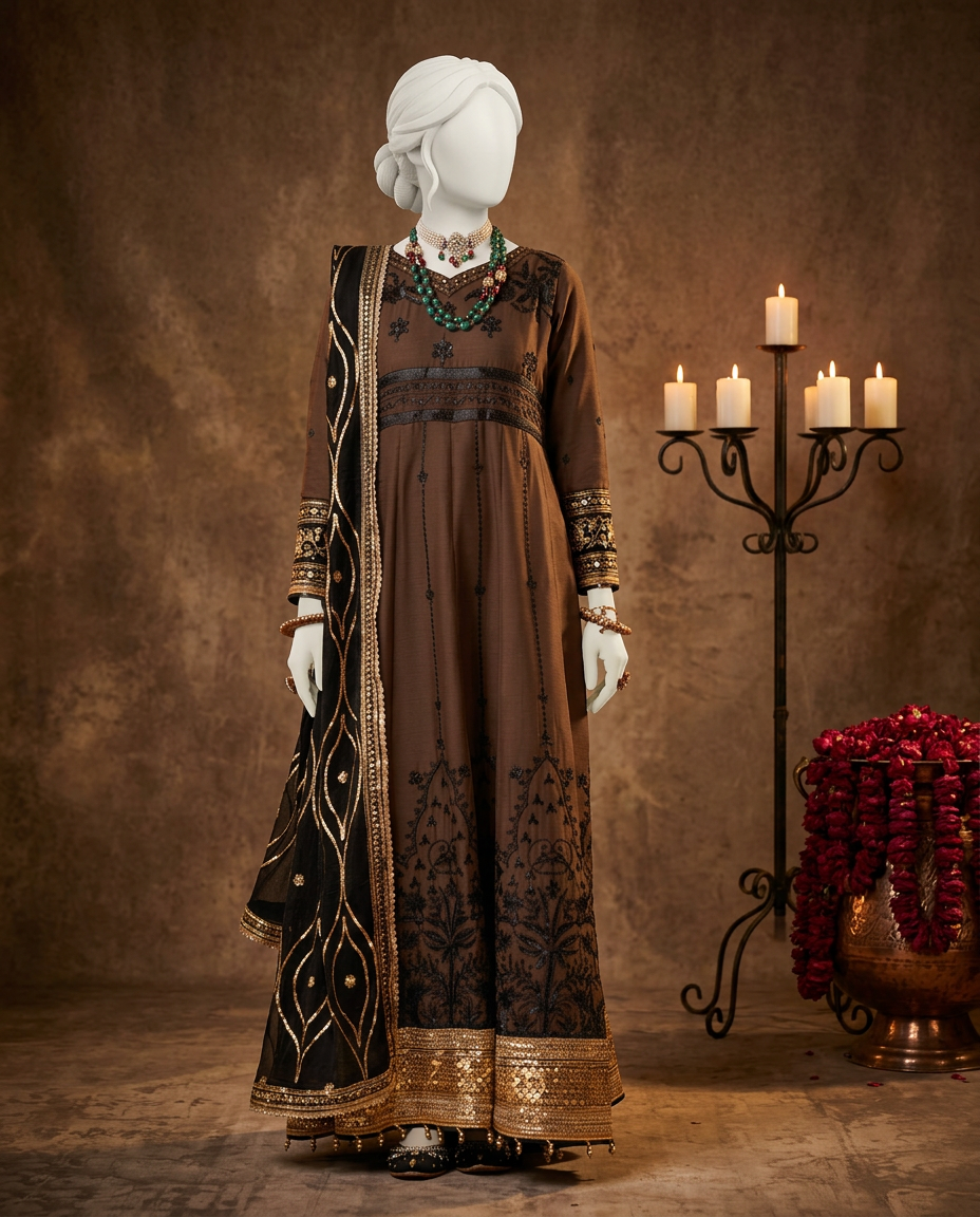 Brown Chiffon Embroidered 3Pc Unstitched Suit | PJ-LUX-U-24-0717