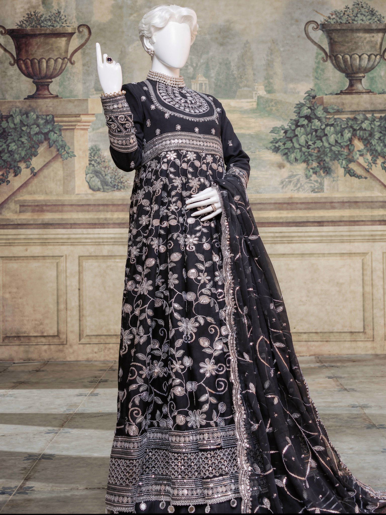 Black Chiffon Embroidered 3Pc Unstitched Suit | PJ-LUX-U-24-0719