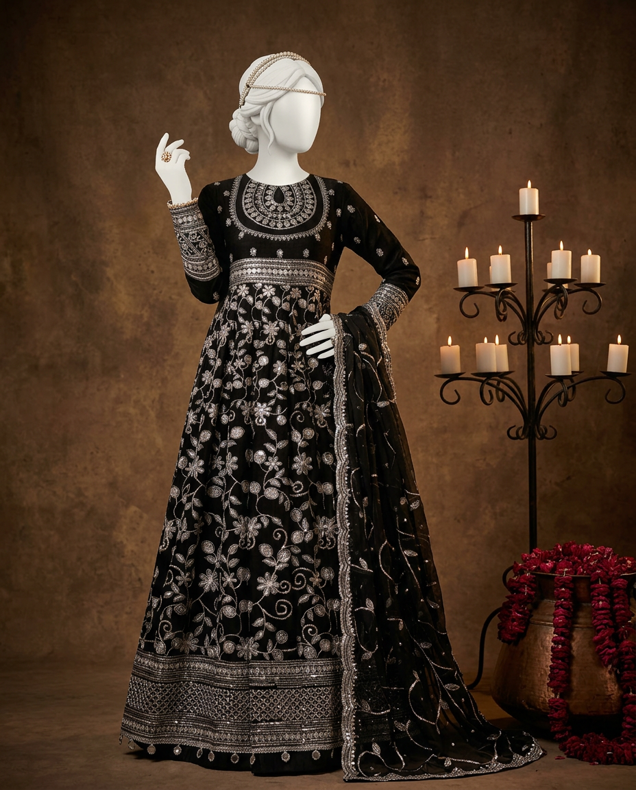Black Chiffon Embroidered 3Pc Unstitched Suit | PJ-LUX-U-24-0719
