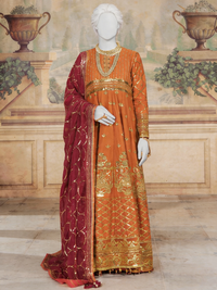 Dark Rust Chiffon Embroidered 3Pc Unstitched Suit | PJ-LUX-U-24-0720