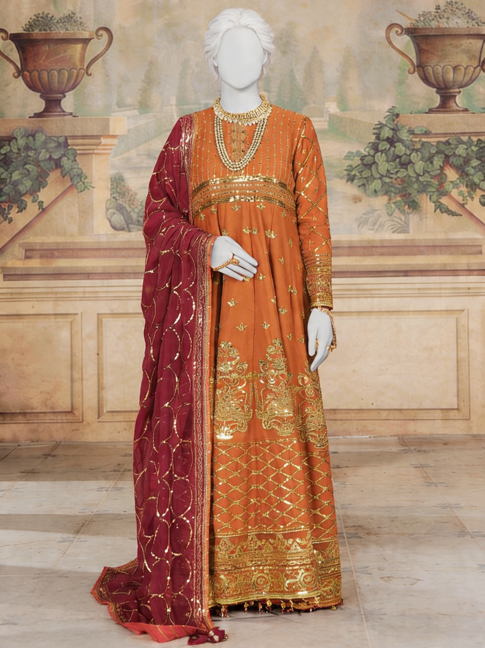 Dark Rust Chiffon Embroidered 3Pc Unstitched Suit | PJ-LUX-U-24-0720