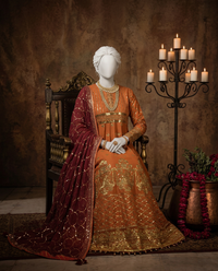 Dark Rust Chiffon Embroidered 3Pc Unstitched Suit | PJ-LUX-U-24-0720