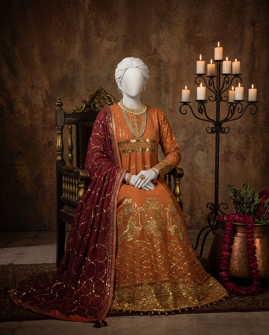 Dark Rust Chiffon Embroidered 3Pc Unstitched Suit | PJ-LUX-U-24-0720