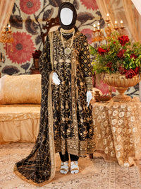 Black Chiffon Embroidered 3Pc Unstitched Suit | PJ-LUX-U-24-0701