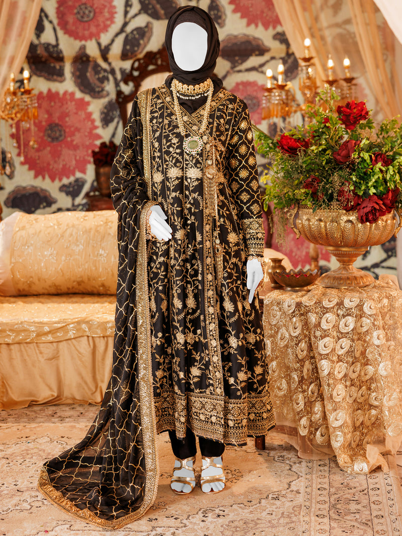 Black Chiffon Embroidered 3Pc Unstitched Suit | PJ-LUX-U-24-0701