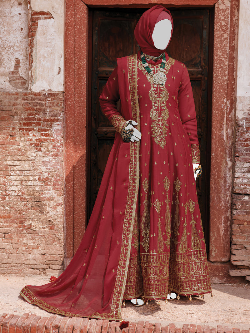 Red Chiffon Embroidered 3Pc Unstitched Suit | PJ-LUX-U-24-0702