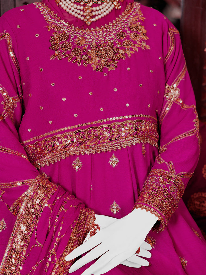 Magenta Chiffon Embroidered 3Pc Stitched Suit | PFS-24-8512