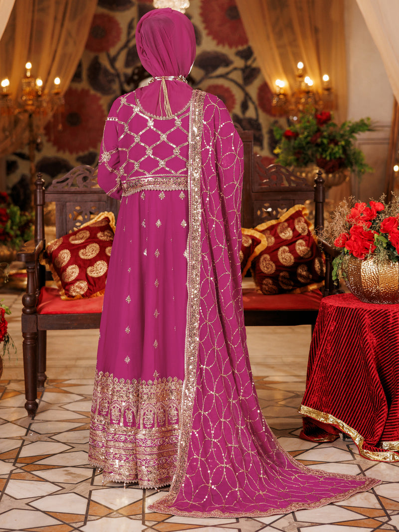 Magenta Chiffon Embroidered 3Pc Unstitched Suit | PJ-LUX-U-24-0704