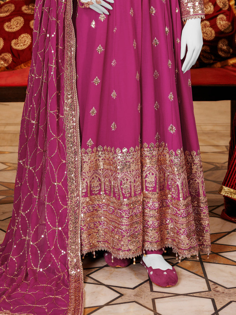 Magenta Chiffon Embroidered 3Pc Stitched Suit | PFS-24-8512