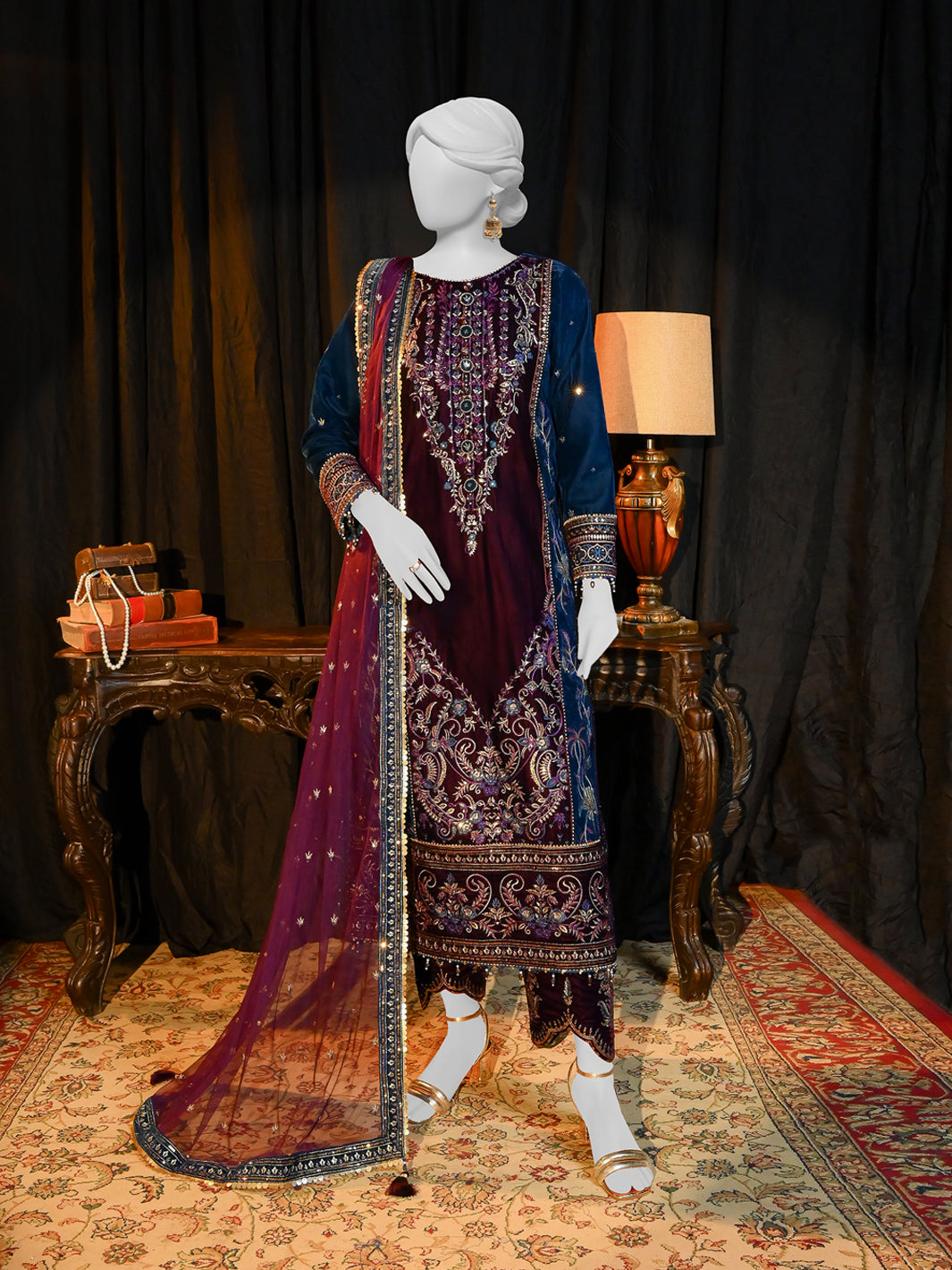 velvet embroidered 3 piece unstitched dress for ladies in Pakistan