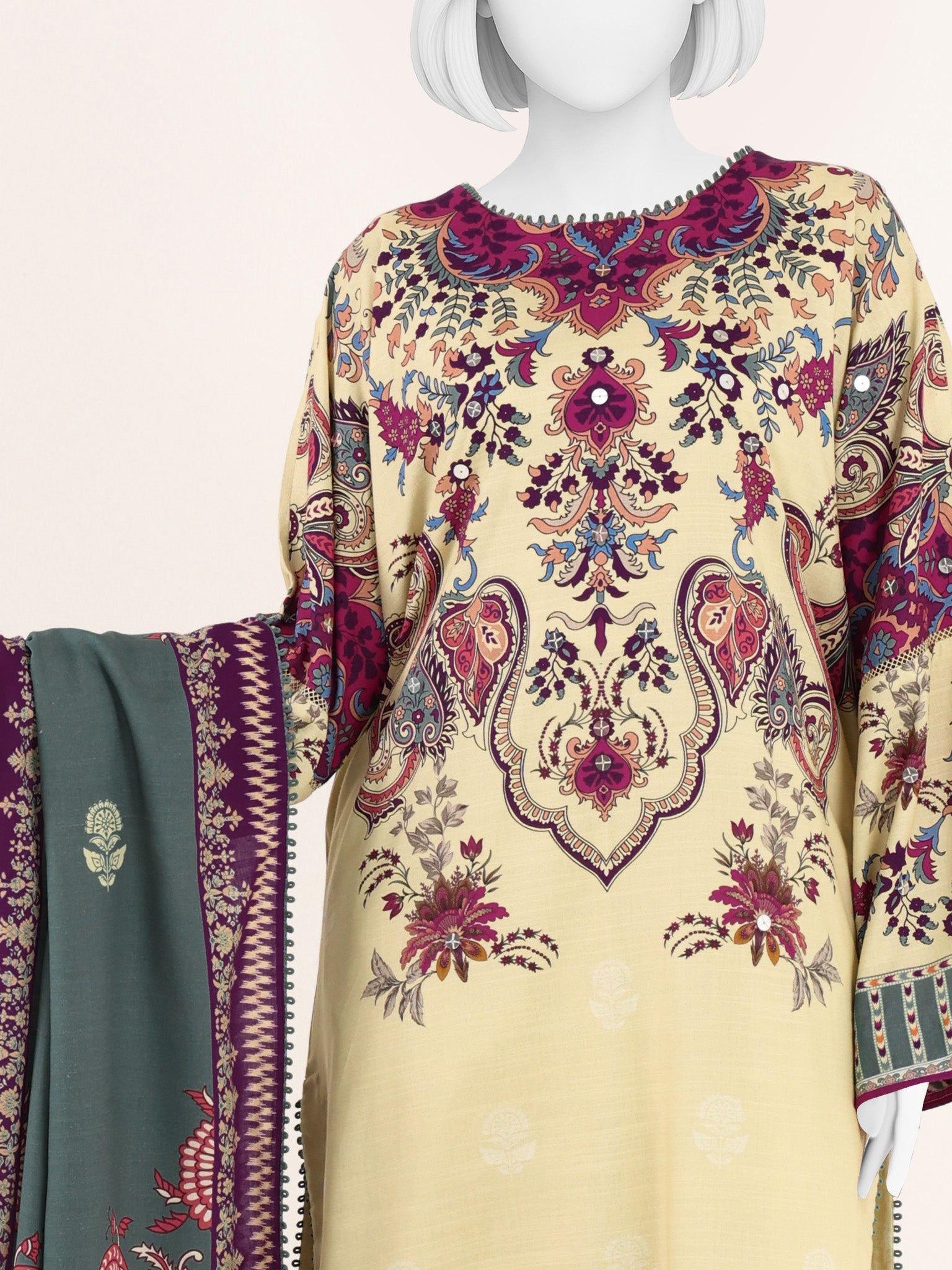 Printed Slub Viscose 3Pc Unstitched Suit | PJSL-250911
