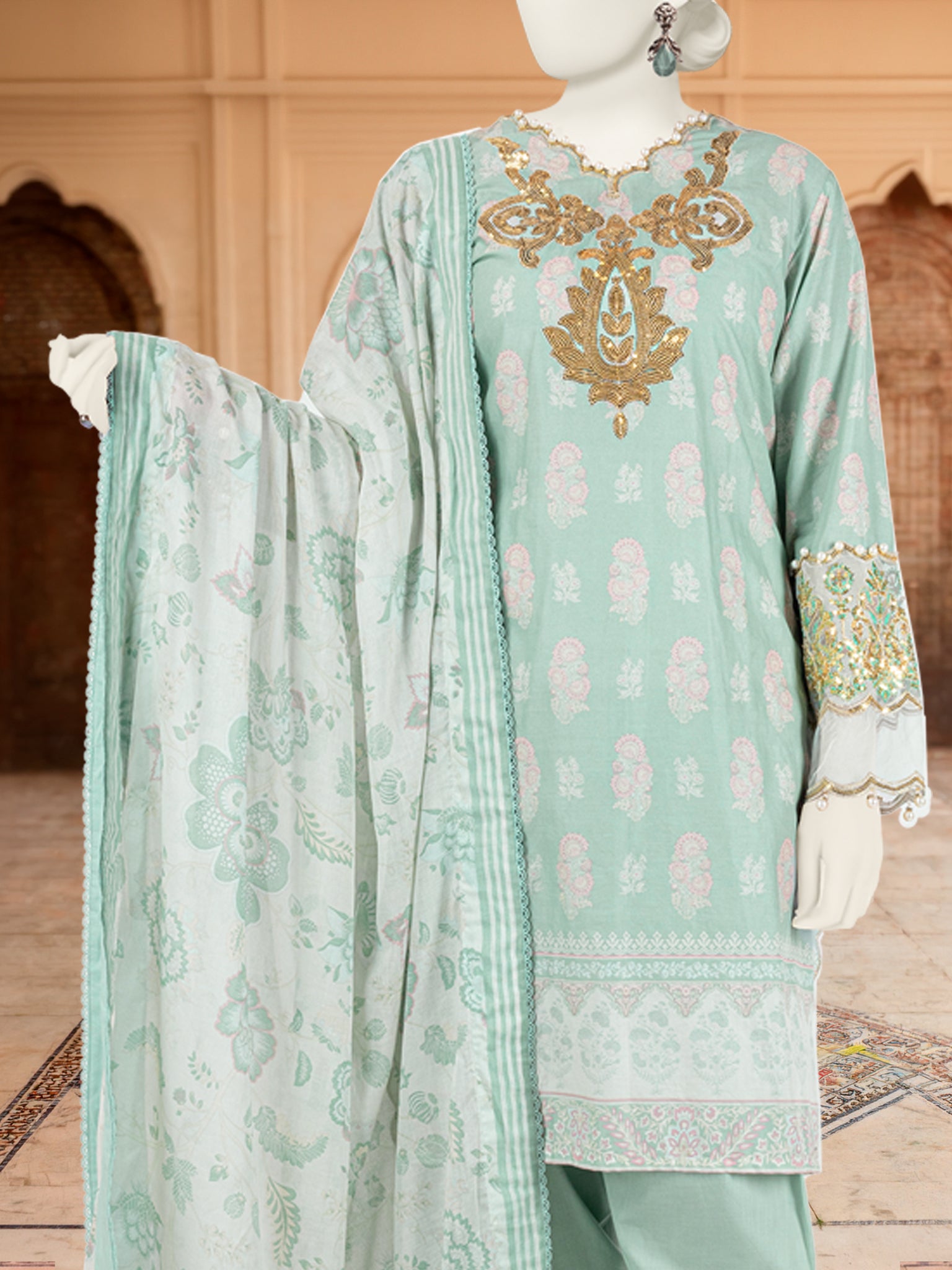 3Pc Stitched Lawn Embroidered Suit | PLS-24-1269A