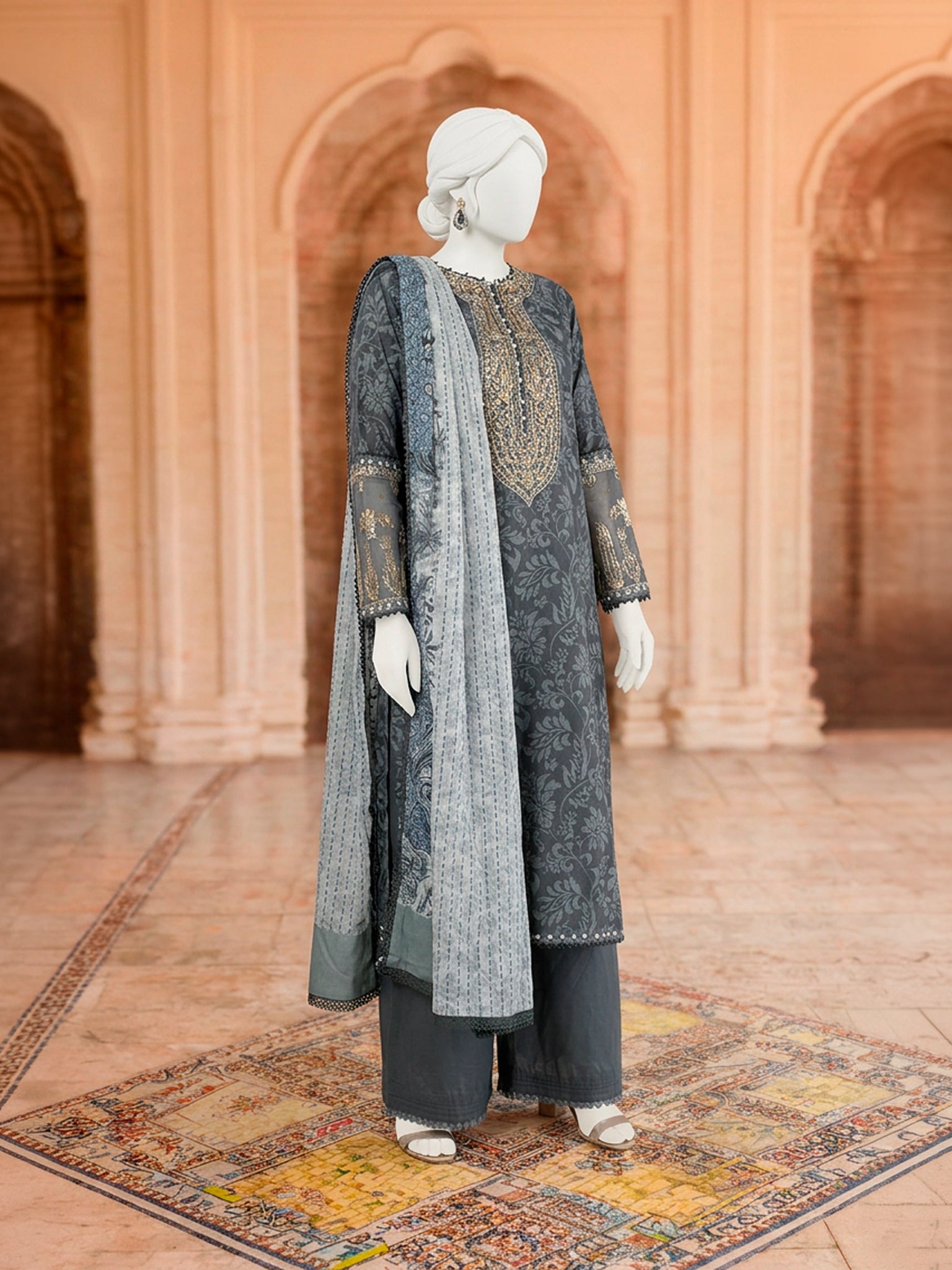 3Pc Stitched Lawn Embroidered Suit | PLS-24-1270A