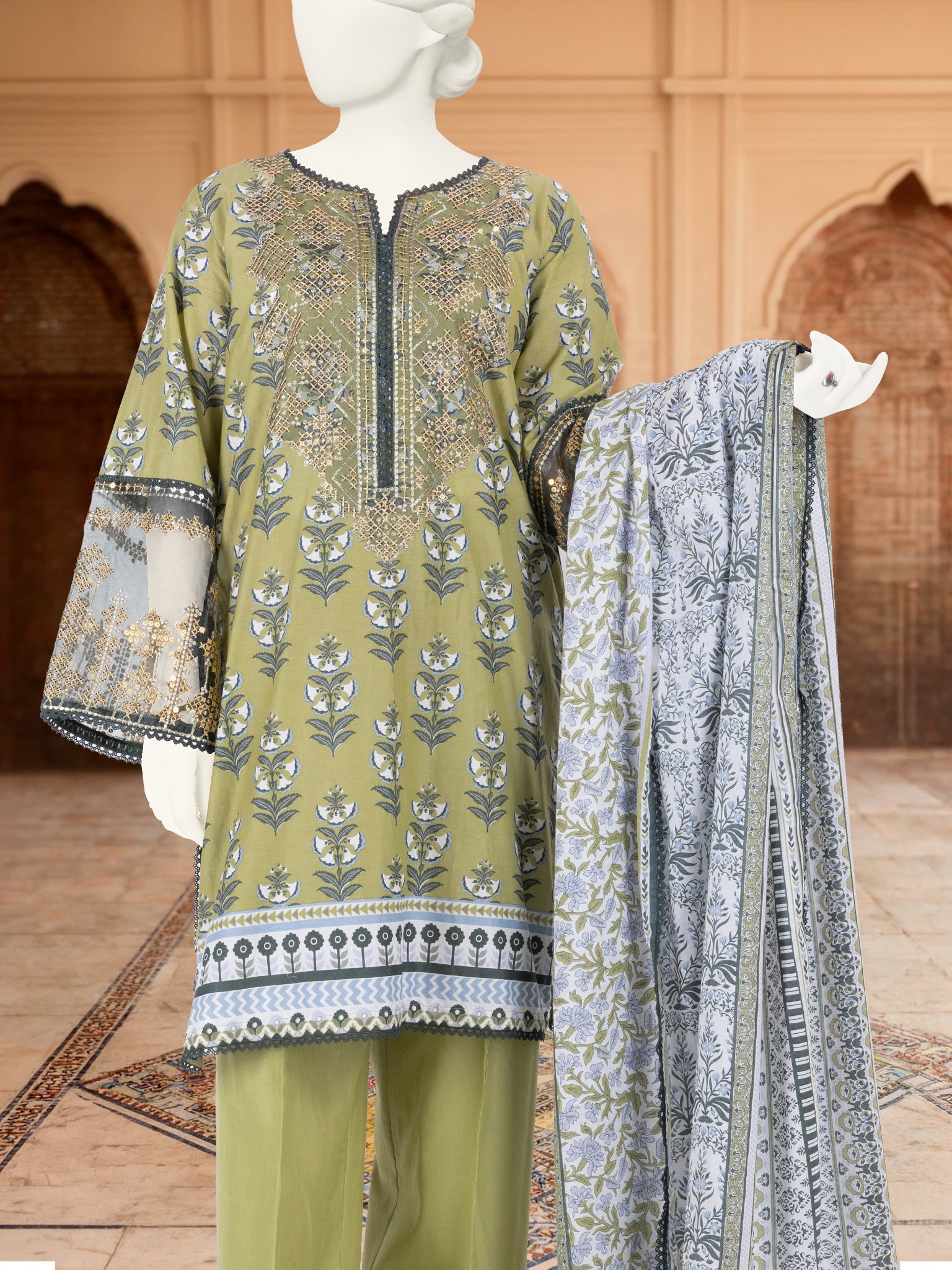3Pc Stitched Lawn Embroidered Suit | PLS-24-1277A