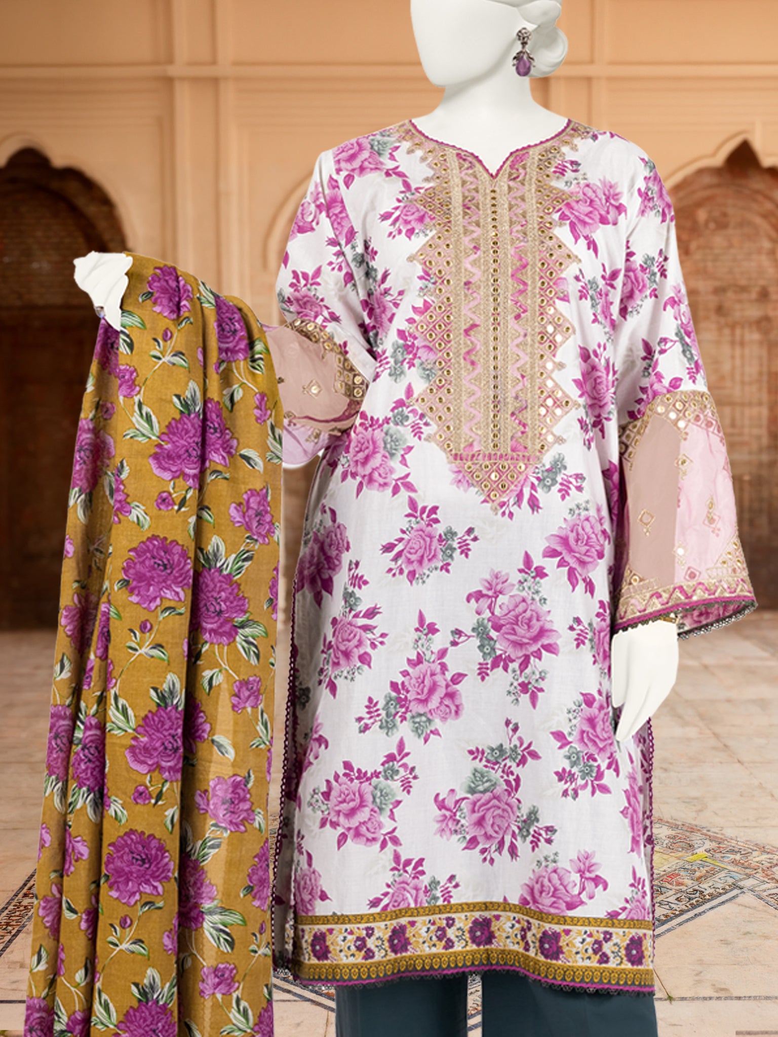 3Pc Stitched Lawn Embroidered Suit | PLS-24-1278A