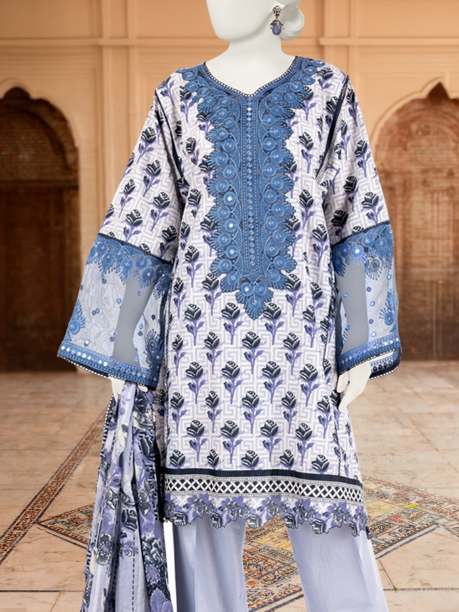 3Pc Stitched Lawn Embroidered Suit | PLS-24-1287B