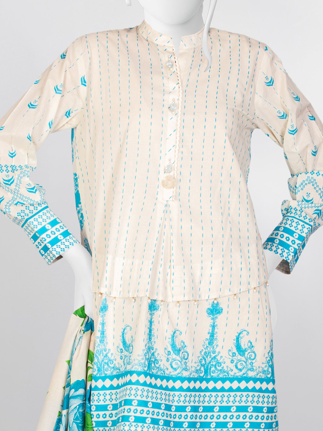 Off White Blue Lawn 3 Piece Stitched Suit | PLS-24-7528