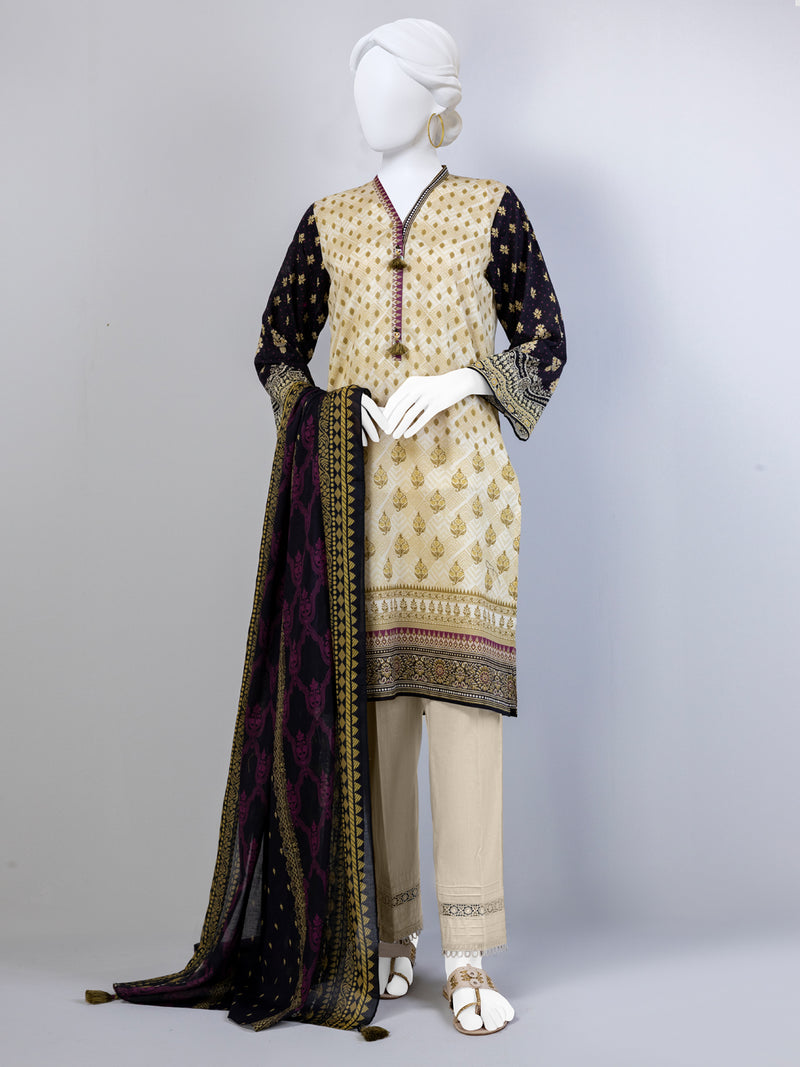 Beige Blue Lawn 3 Piece Stitched Suit | PLS-24-7528