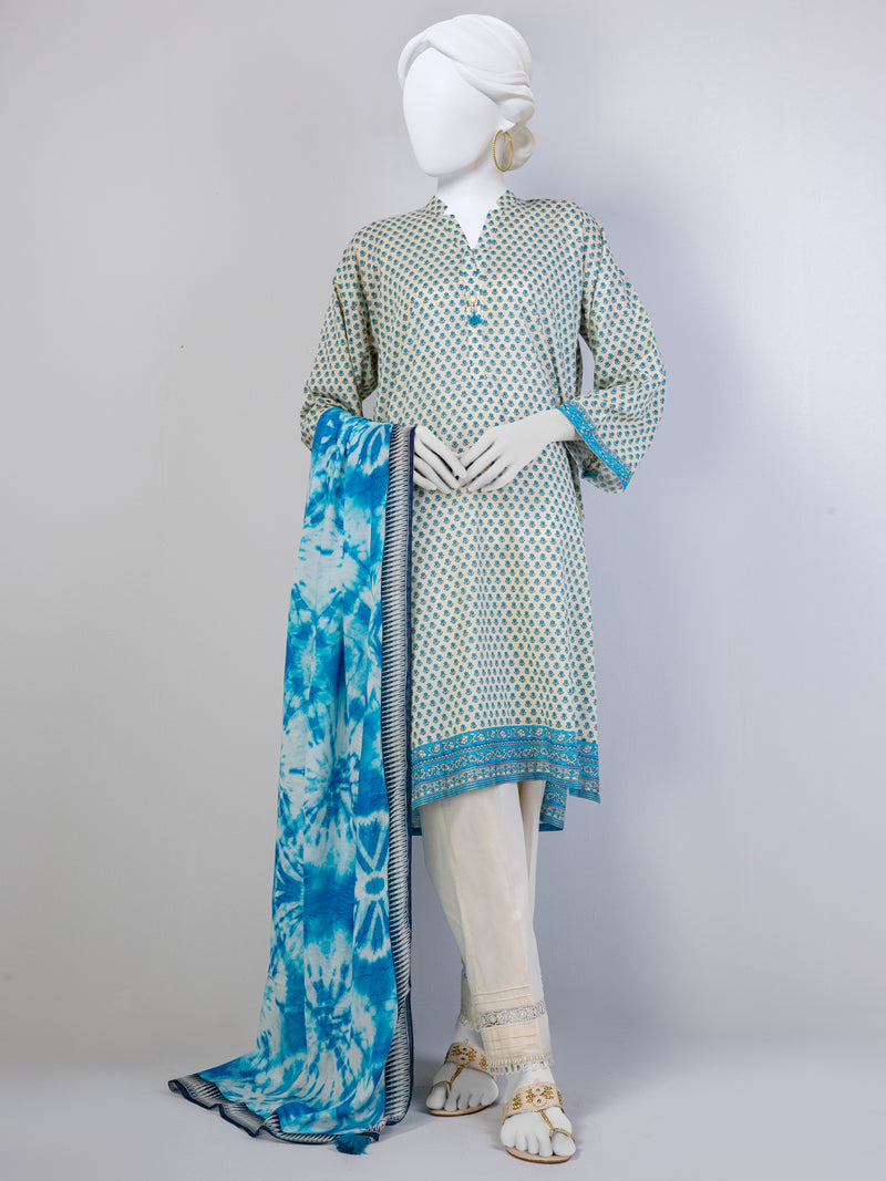 Beige Blue Lawn 3 Piece Stitched Suit | PLS-24-7502