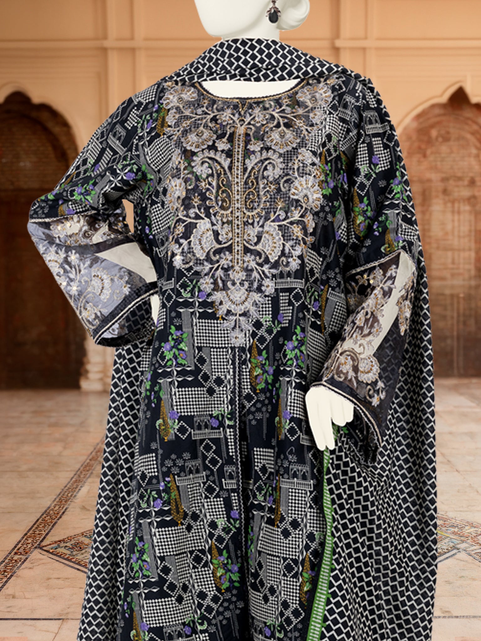 3Pc Stitched Lawn Embroidered Suit | PLS-24-1282A