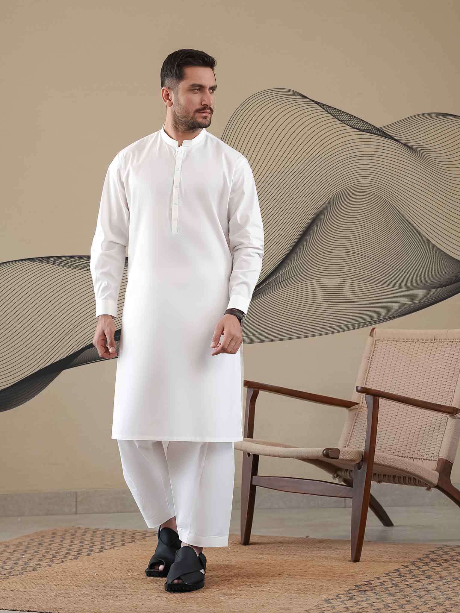 White Latha Unstitched Fabric | PMU-10118