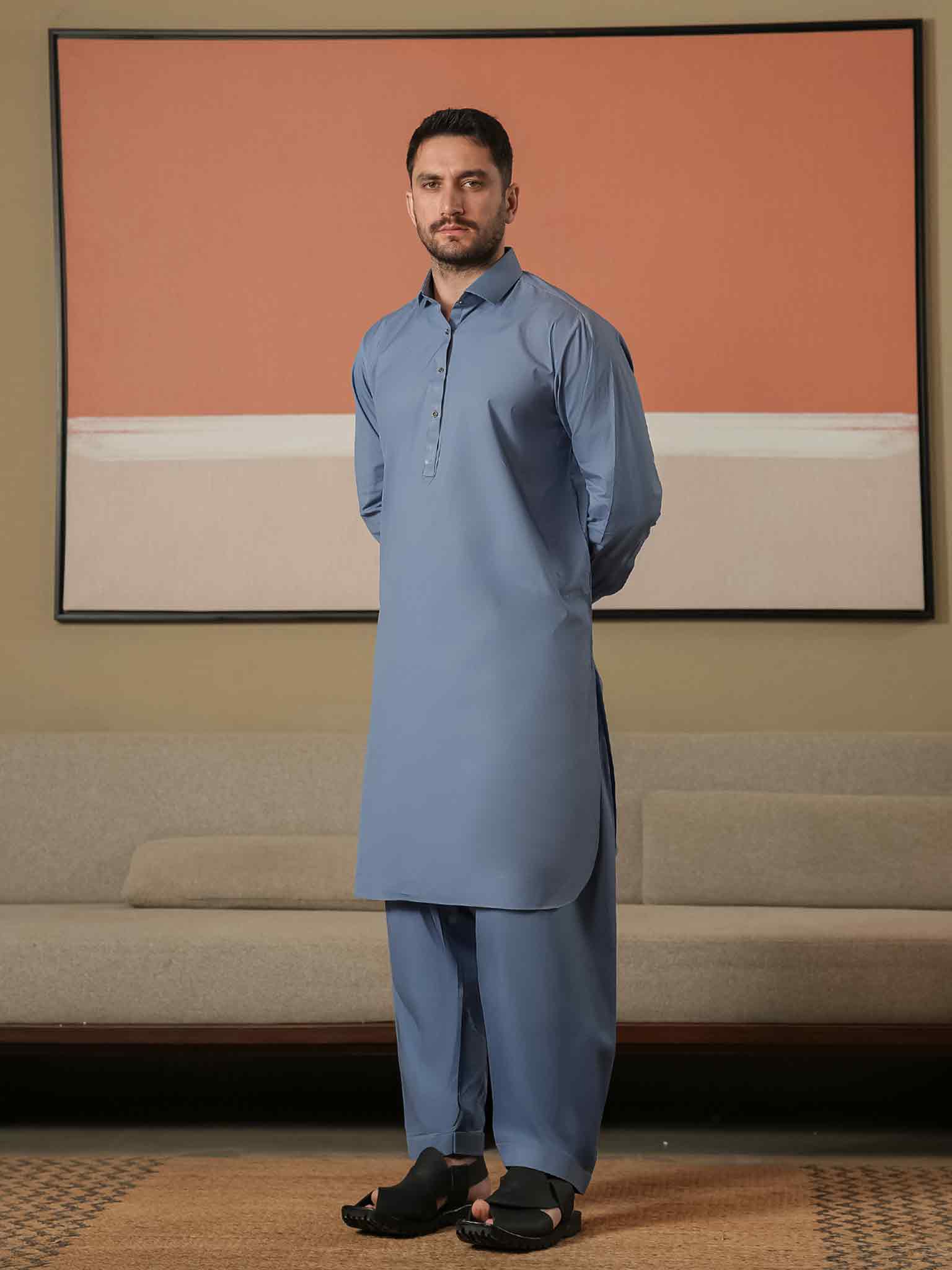 Denim Blue Latha Unstitched Fabric | PMU-10126