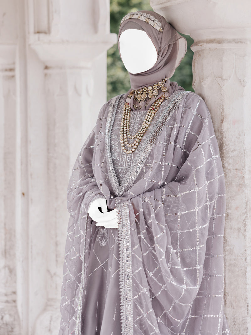 Grey Chiffon Embroidered 3Pc Unstitched Suit | PJ-LUX-U-24-0714