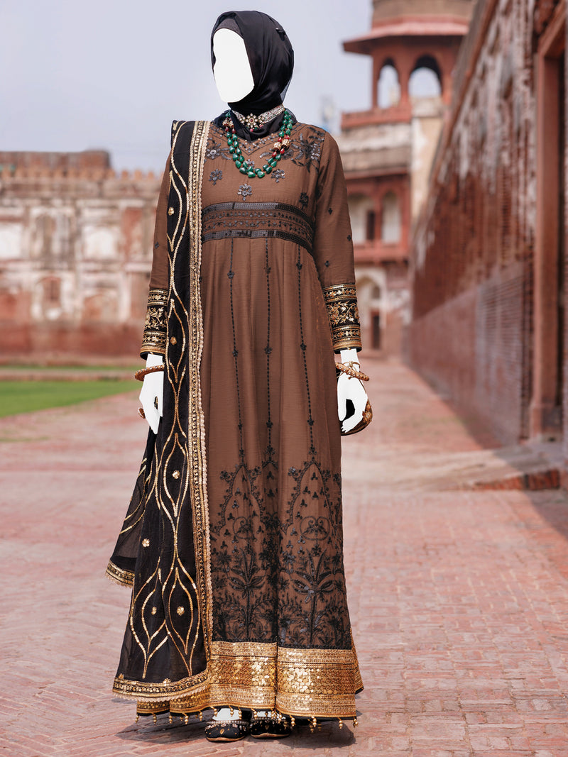 Brown Chiffon Embroidered 3Pc Unstitched Suit | PJ-LUX-U-24-0717