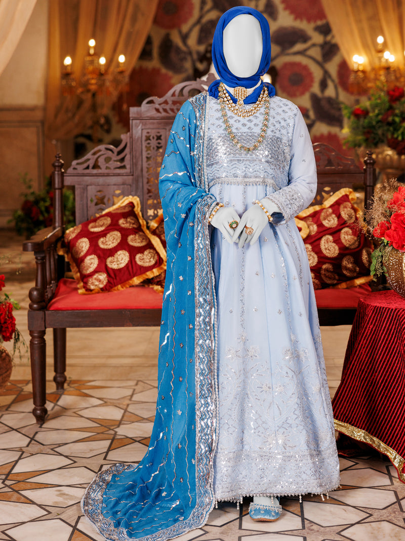 Powder Blue Chiffon Embroidered 3Pc Unstitched Suit | PJ-LUX-U-24-0716