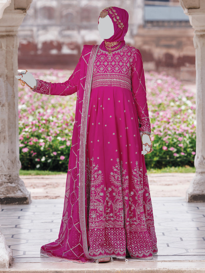 Fuchsia Chiffon Embroidered 3Pc Unstitched Suit | PJ-LUX-U-24-0712