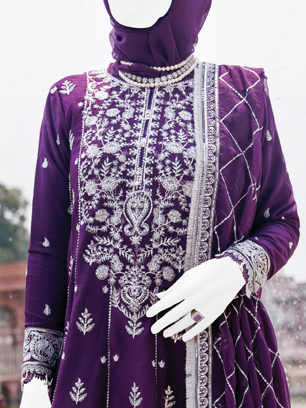 Purple Chiffon Embroidered 3Pc Unstitched Suit | PJ-LUX-U-24-0708