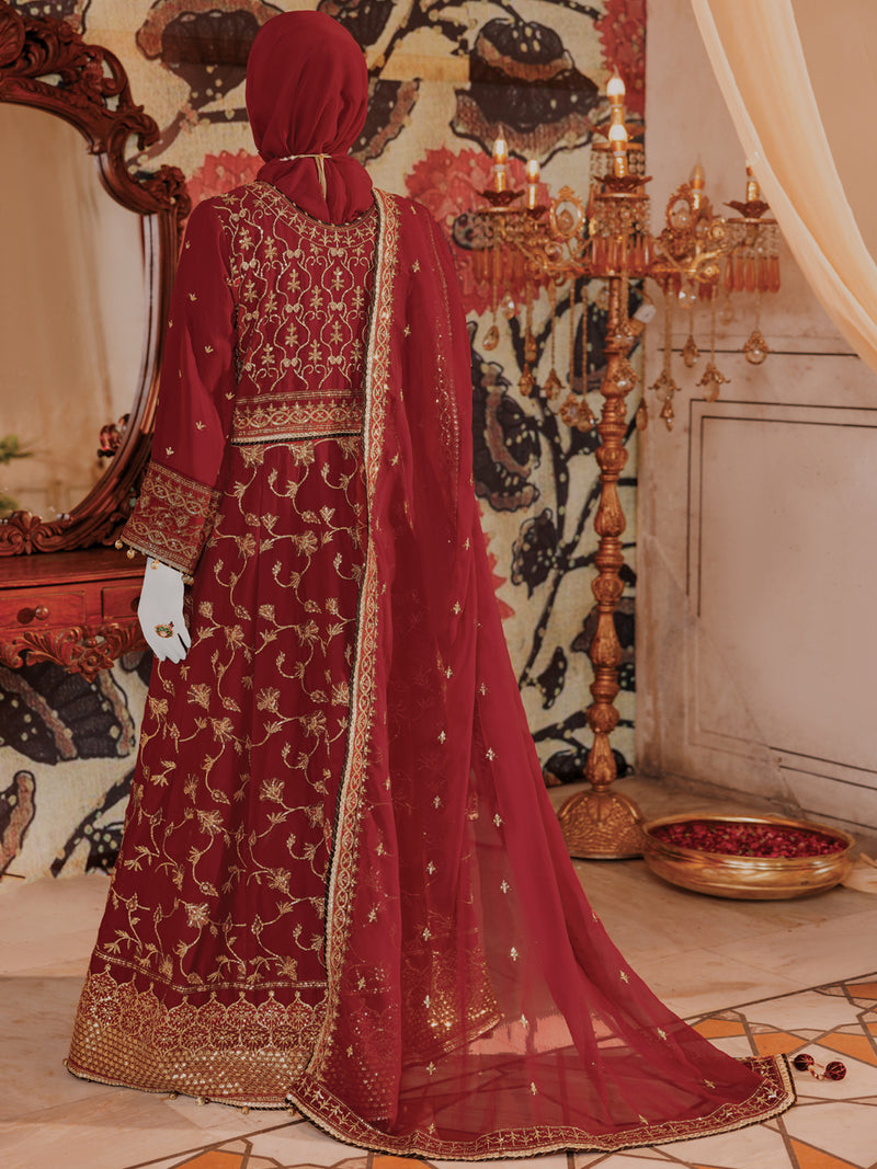 Red Chiffon Embroidered 3Pc Unstitched Suit | PJ-LUX-U-24-0707