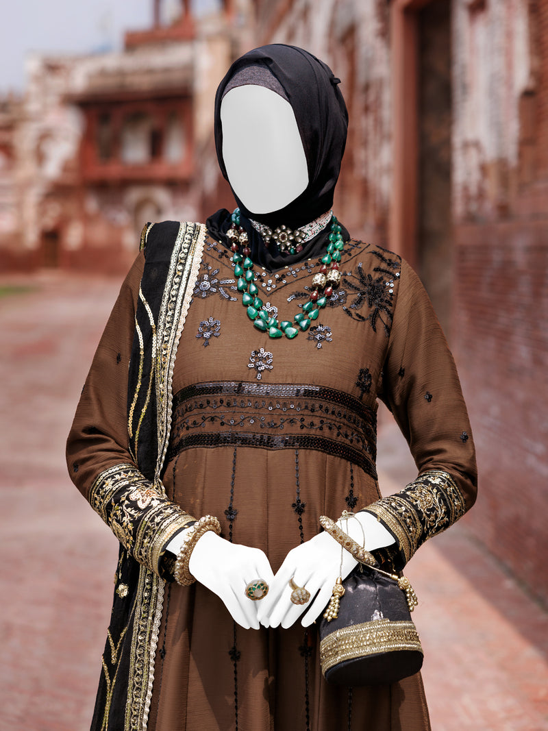 Brown Chiffon Embroidered 3Pc Unstitched Suit | PJ-LUX-U-24-0717