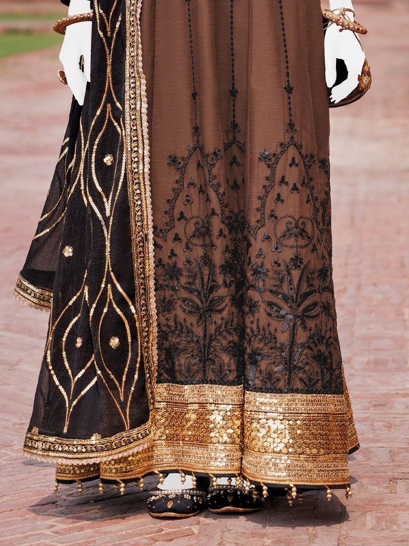 Brown Chiffon Embroidered 3Pc Unstitched Suit | PJ-LUX-U-24-0717