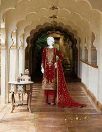 Red Chiffon Embroidered 3 Piece Unstitched Suit | PJ-PWU-2406