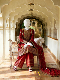 Red Chiffon Embroidered 3 Piece Unstitched Suit | PJ-PWU-2406
