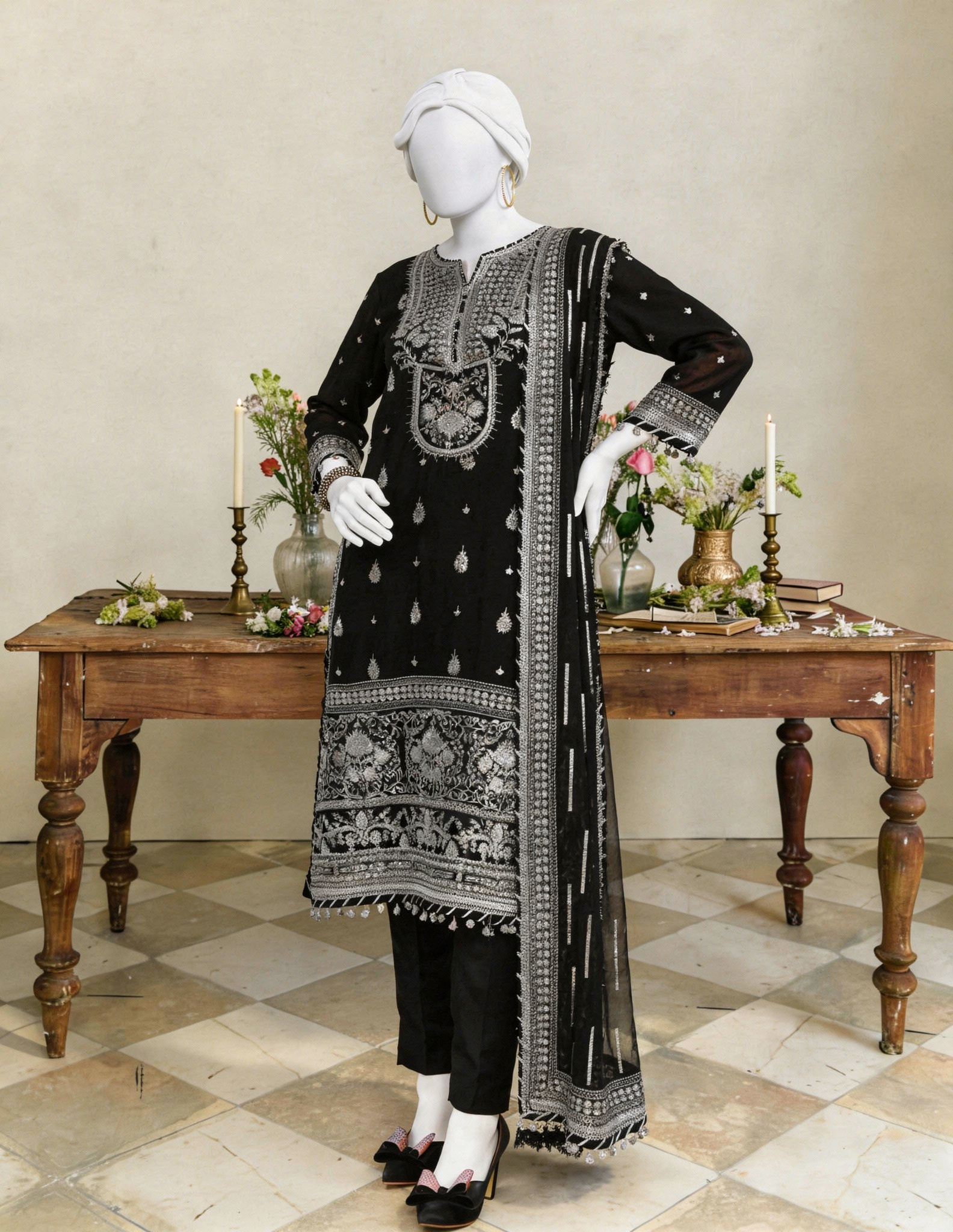 Black Chiffon Embroidered 3 Piece Unstitched Suit | PJ-PWU-2401