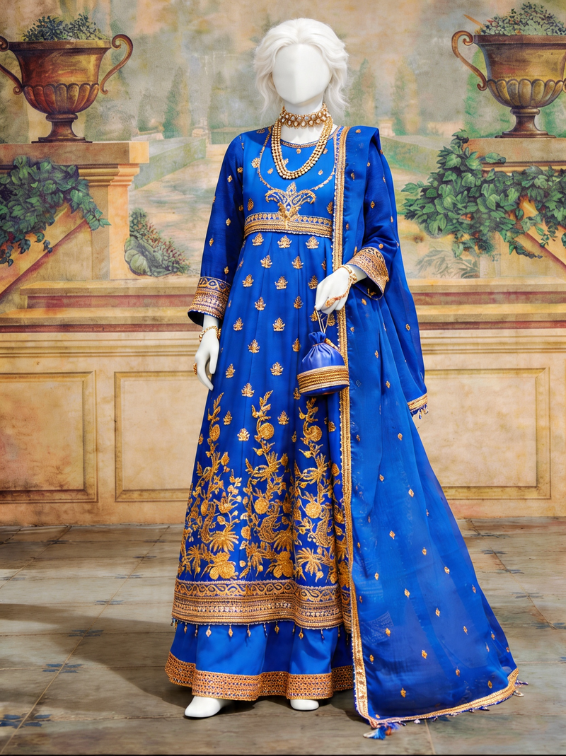 green emerald velvet dress Royal Blue Anarkali Gown with Golden Embroidery and Brocade Border – House of Ishwari main image 0