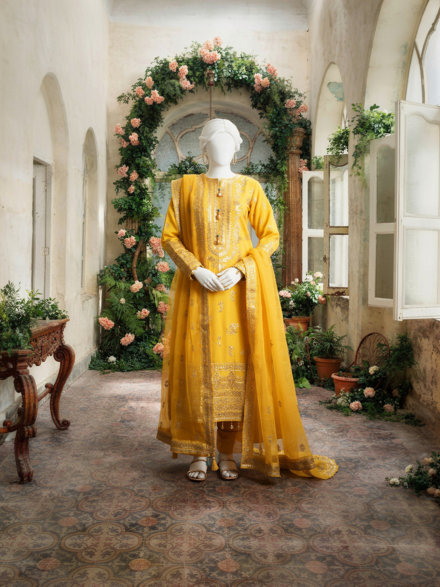 Mustard Chiffon Embroidered 3 Piece Unstitched Suit | PJ-PWU-2407