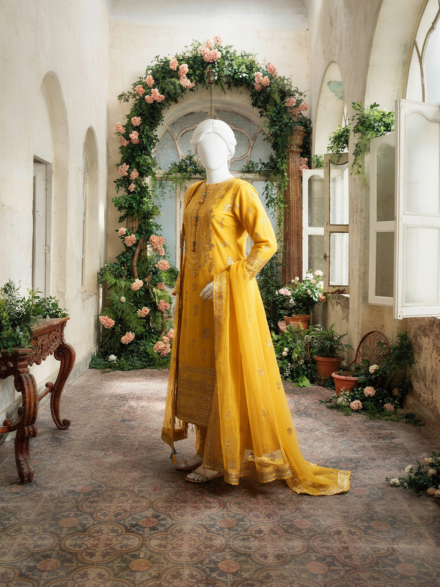 Mustard Chiffon Embroidered 3 Piece Unstitched Suit | PJ-PWU-2407