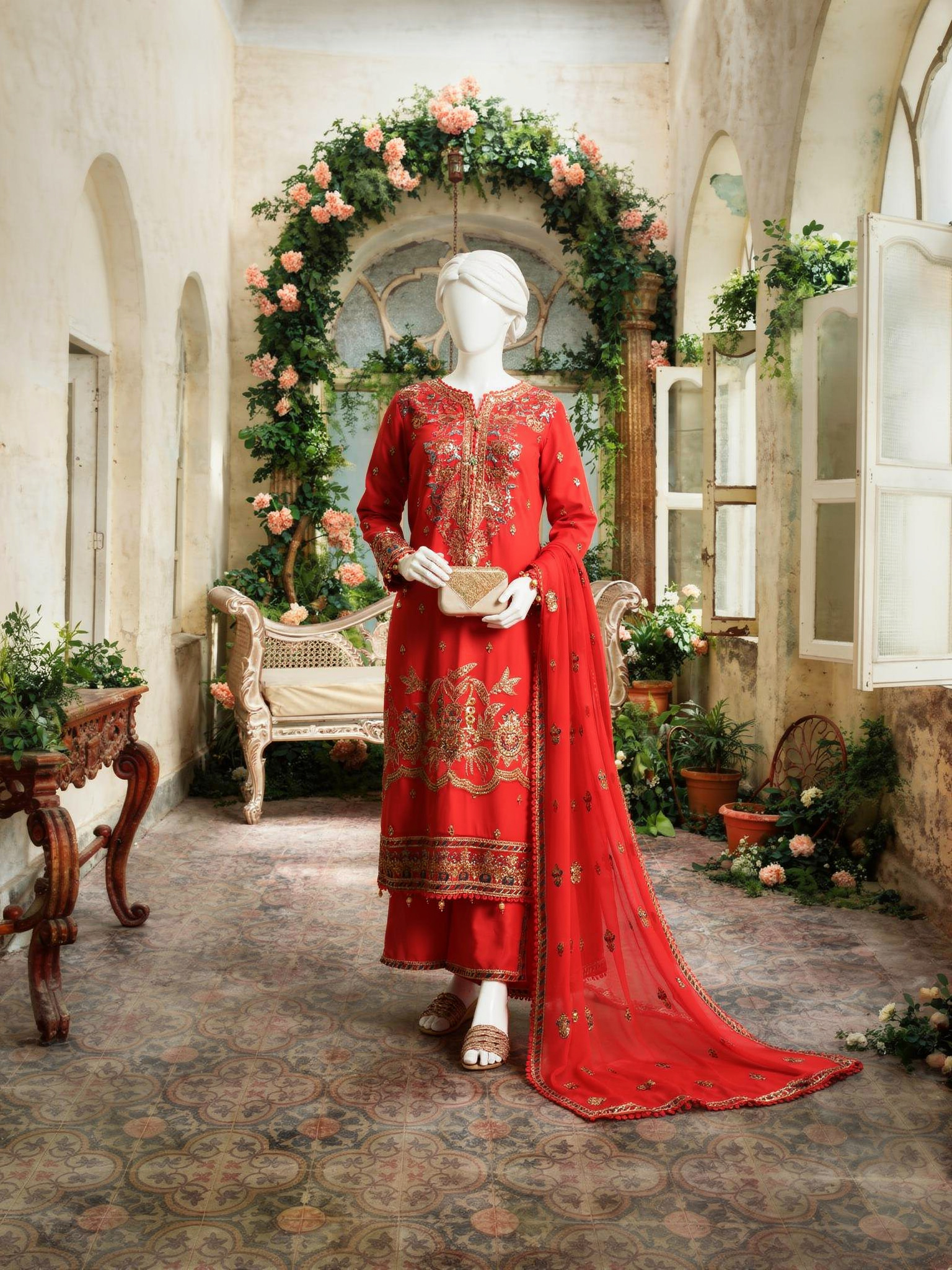 Orange Chiffon Embroidered 3 Piece Unstitched Suit | PJ-PWU-2410