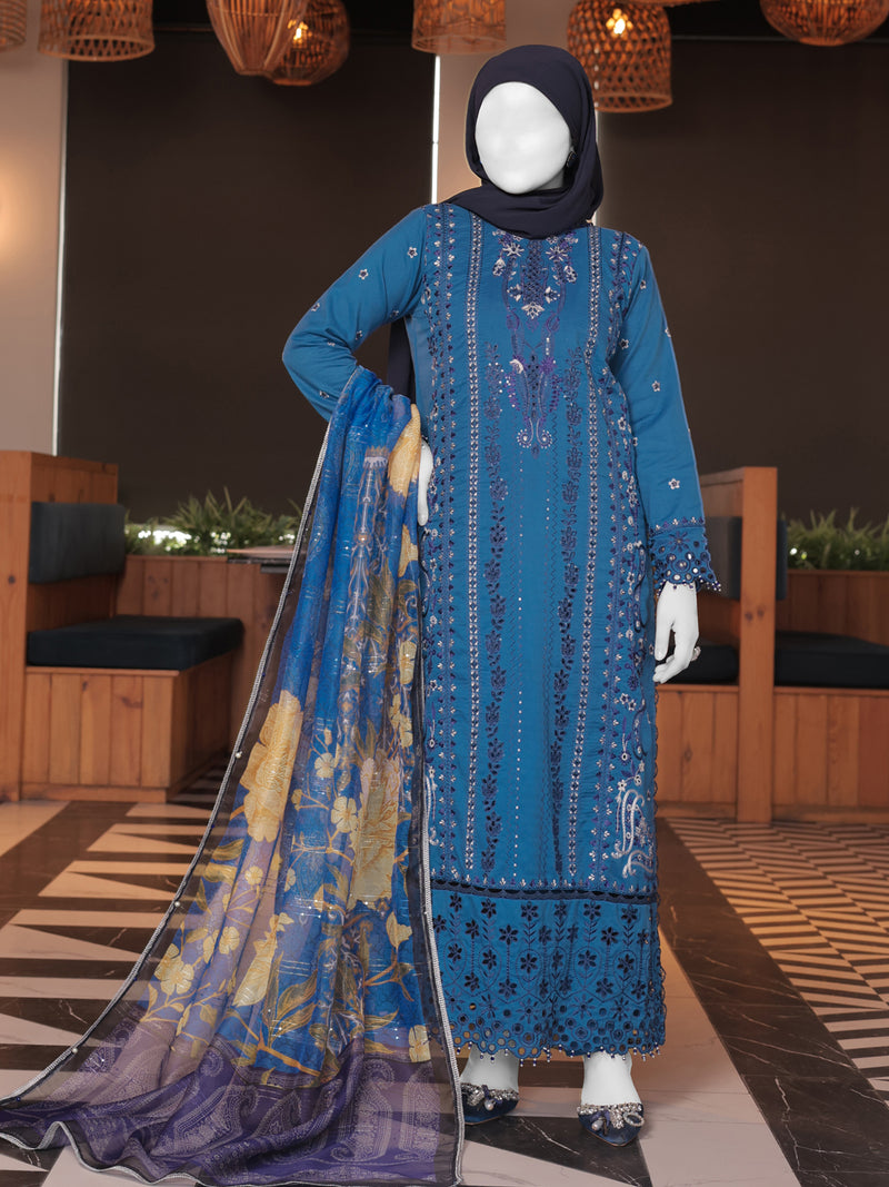 Blue Embroidered 3Pc Unstitched Suit | PJ-ESSU-24-0711