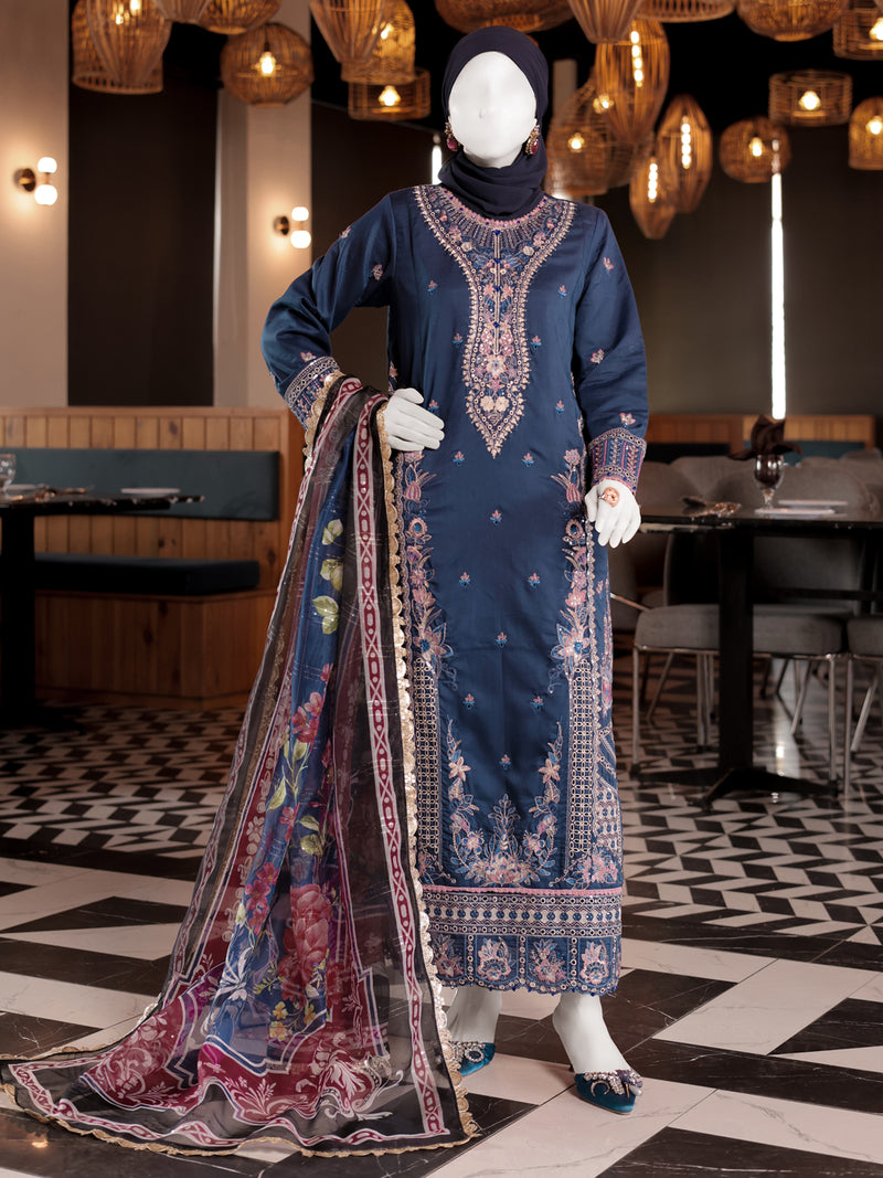 Blue Embroidered 3Pc Unstitched Suit | PJ-ESSU-24-0720